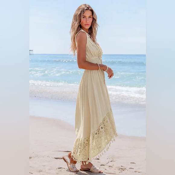 NWT Beige Beach Coverup Dress with Tassels and Crochet Details - Picture 2 of 6